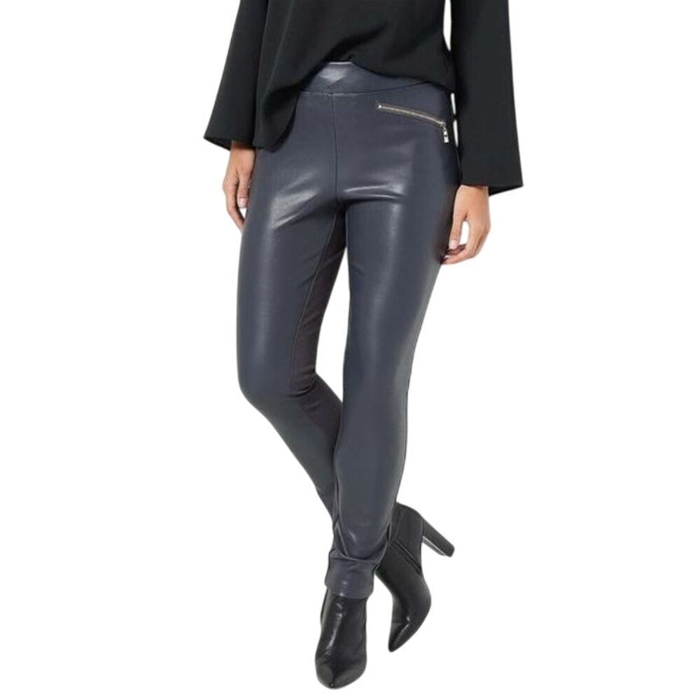 Belle Kim Gravel QVC Gray Faux Leather Front Ponte Knit Pull On Skinny Pants